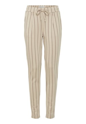 Beige housut, joissa on kapeat pystysuorat tummanruskeat raidat, joustava vyötärö, joka on säädettävissä narulla, sekä slim fit -muotoilu.