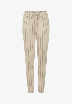 Beige bukser med smalle lodrette striber i mørkebrunt, udstyret med en elastisk talje med justerbar snøre og slim fit design.