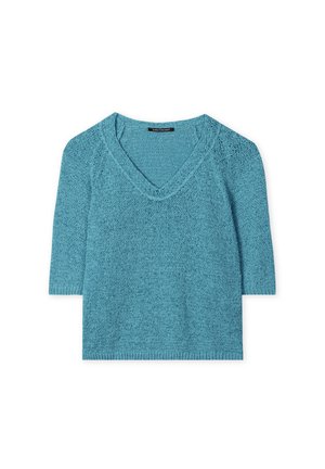 Kurzarmpullover mit V-Ausschnitt in Hellblau. Hergestellt aus strukturiertem Strickstoff, mit lässiger Passform und geripptem Saum.