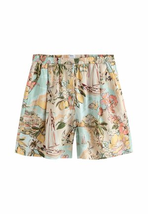 Lichte shorts met elastische taille en zijzakken, voorzien van een pastel tropische print met zeilboten, bloemen, vissen en citroenen.