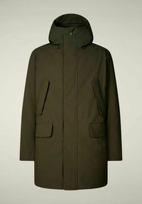 Olijfgroene parka-jas met capuchon, voorzien van twee klepzakken aan de voorkant en een rechte snit. Gladde stof met een matte afwerking.