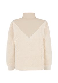 Beige fleecjas met een hoge kraag, met een gestructureerd oppervlak en een contrasterend gladde stofpaneel in een V-vorm op de achterkant.