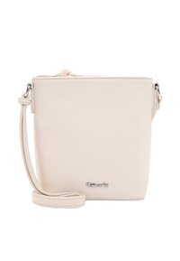 Sac bandoulière en cuir texturé couleur crème avec fermeture éclair, sangle réglable et quincaillerie argentée arborant un logo embossé.