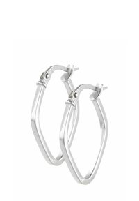 Silver hoop earrings with a geometric diamond shape, featuring a polished finish and a secure clasp. Minimalist design with clean lines.