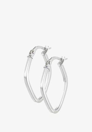 Strieborné kruhové náušnice s geometrickým tvarom diamantu, s lesklým povrchom a bezpečným zámkom. Minimalistický dizajn s čistými líniami.