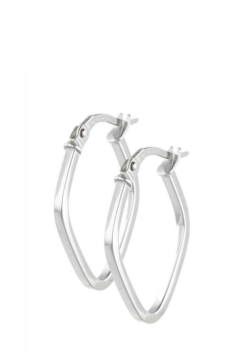 Silver hoop earrings with a geometric diamond shape, featuring a polished finish and a secure clasp. Minimalist design with clean lines.