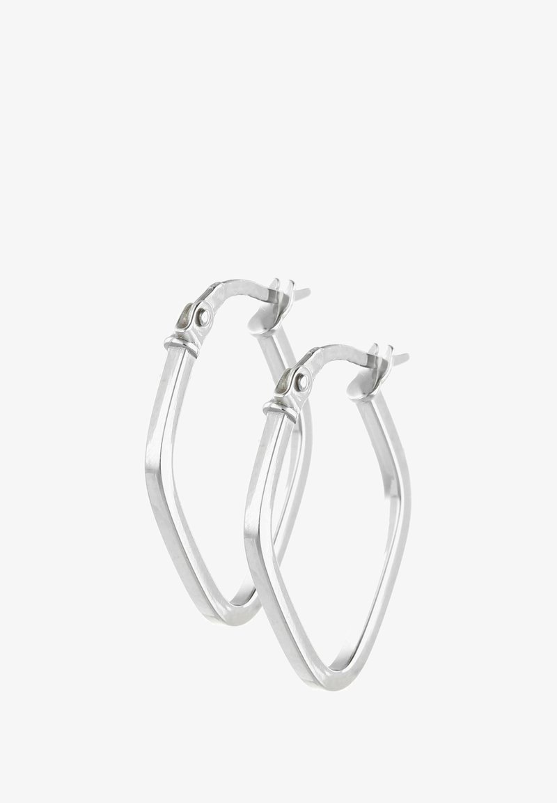 Strieborné kruhové náušnice s geometrickým tvarom diamantu, s lesklým povrchom a bezpečným zámkom. Minimalistický dizajn s čistými líniami.