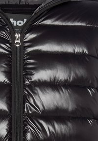 Czarna kurtka puchowa z pikowanymi sekcjami o połyskującym wykończeniu. Przód zapinany na suwak z srebrnymi elementami, czarna podszewka i wysoki kołnierz.