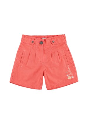 Shorts pour tout-petit couleur corail rose avec bouton sur le devant, deux poches latérales, taille élastique et petite broderie florale sur la jambe droite.