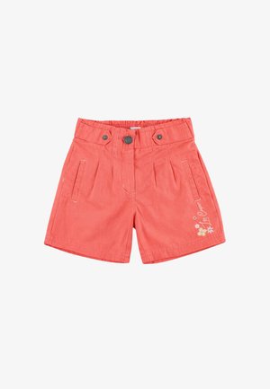 Shorts pour tout-petit couleur corail rose avec bouton sur le devant, deux poches latérales, taille élastique et petite broderie florale sur la jambe droite.