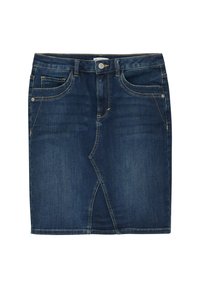 Džínová sukně v tmavě modré barvě, střední délky s předním rozparkem, designem s pěti kapsami a zlatým prošíváním podél švů. Hladká textura.