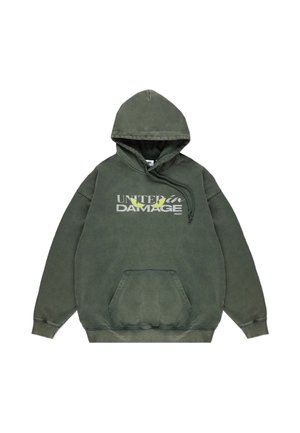 Zielona bluza z kapturem wykonana z mieszanki bawełny, z kieszenią z przodu, kapturem ze ściągaczem oraz wyrazistym napisem "UNITED in DAMAGE" w białym i żółtym kolorze.