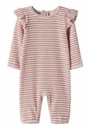 Detský overal s dlhým rukávom ružovo-biele pásikavý s volánikmi na ramenách a štruktúrovanou pletenou látkou.