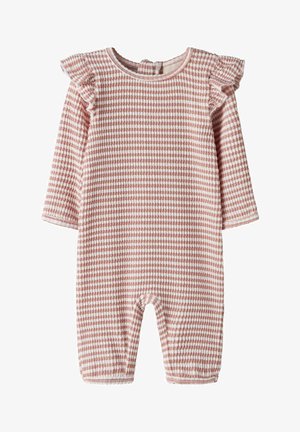 Rosa og hvitstripet babydrakt med lange ermer, volangdetaljer på skuldrene og teksturert strikkestoff.