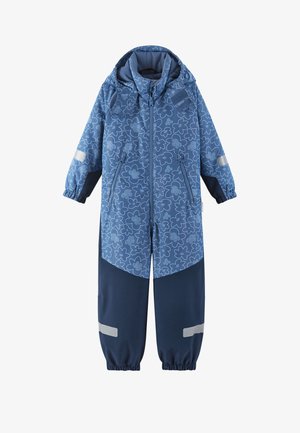 Blå blomstret mønstret vandtæt snitsuit med højt krave, elastiske manchetter, lynlåslommer og reflekterende striber nær anklerne.