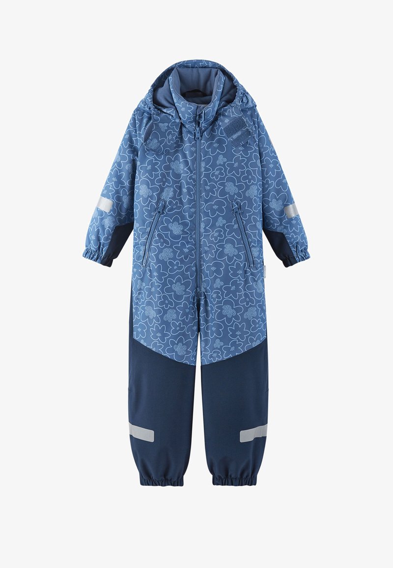 Vodoodporen snežna obleka z modrim cvetličnim vzorcem, visokim ovratnikom, elastičnimi manšetami, žepi z zadrgo in odsevnih trakovi blizu gležnjev.