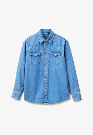 Light blue denim long-sleeve shirt with snap buttons, two chest flap pockets, and a pointed collar, laid flat on white background.