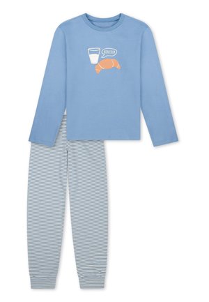 Hellblaues Langarmoberteil mit Croissant- und Milchglas-Grafik mit dem Schriftzug "Bonjour,", kombiniert mit hellblauen und weiß gestreiften Pyjamahosen.