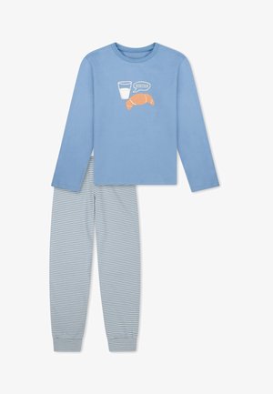 Maglia azzurra chiaro a maniche lunghe con grafica di croissant e bicchiere di latte con la scritta "Bonjour,", abbinata a pantaloni da pigiama a righe azzurro chiaro e bianco.