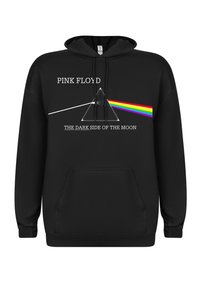 Černá mikina s kapucí a šňůrkami, s grafikou hranolu a duhových paprsků. Text zní "PINK FLOYD" a "THE DARK SIDE OF THE MOON."