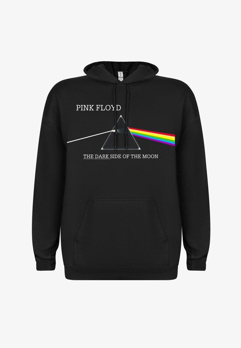 Czarna bluza z kapturem ze sznurkiem, na której znajduje się grafika z pryzmatem i tęczowymi promieniami. Napis głosi "PINK FLOYD" oraz "THE DARK SIDE OF THE MOON."