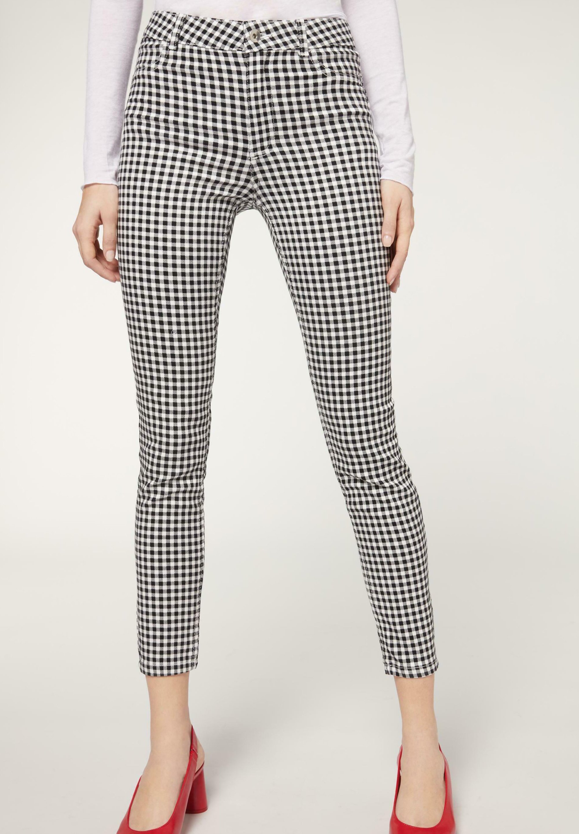 Calzedonia Vaqueros pitillo - schwarz white black gingham print/negro -  Zalando.es
