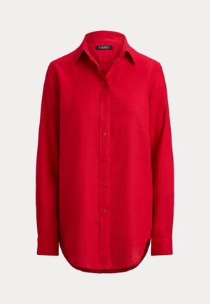 Κόκκινο πουκάμισο με κουμπιά από λινό με γιακά, μακριά μανίκια, μπροστινή πατιλέτα και στρογγυλεμένη ούλα. Ομαλή υφή και μονόχρωμο.