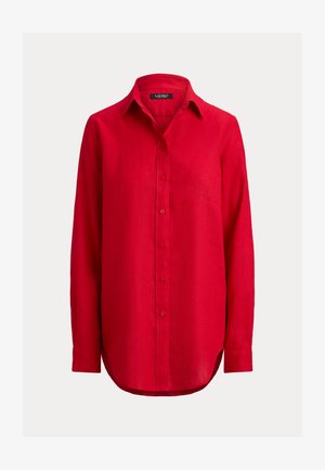 Cămașă roșie din in cu nasturi, cu guler, mâneci lungi, fenta frontală și tiv rotunjit. Textură netedă și culoare uniformă.