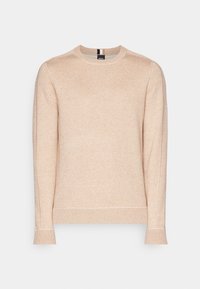 Pull beige à manches longues avec col rond, poignets et ourlet côtelés, présenté sur un fond clair uni.