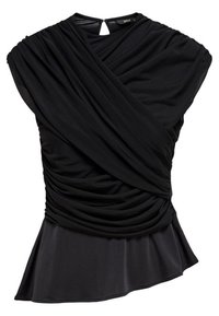 Top nero drappeggiato con maniche corte, caratterizzato da una texture arricciata e orlo a peplo. Include una chiusura a oblò sul retro del collo.
