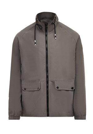 Gray waterproof jacket with a high collar, front zip closure, two snap-button pockets, and drawstring accents on the hood.