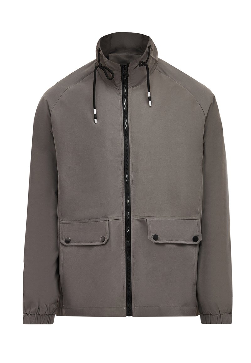 Gray waterproof jacket with a high collar, front zip closure, two snap-button pockets, and drawstring accents on the hood.