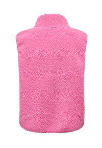 Fleecevest i lys rosa, med høy hals, ermeløs design og mykt, teksturert stoff med en jevn kant.