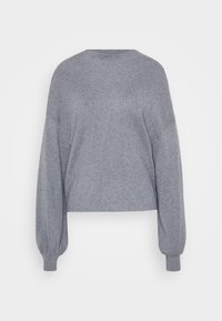 Grå strikkegenser med rund hals, cropped design og ballongsleeves, med en myk tekstur og diskret ribbet detaljering.