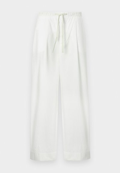 Ελαφρύ, λευκό παντελόνι με φαρδιά γραμμή, ελαστική μέση και απαλό πράσινο κορδόνι. Λείο υλικό και άνετη σχεδίαση για μ εγαλύτερη άνεση.