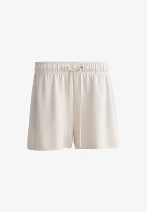 Șorturi de culoare crem, confecționate dintr-un material moale, având un tiv elastic cu șnur și un design de tiv simplu.