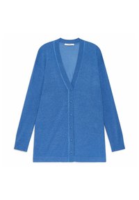 Cardigan bleu avec un col en V, manches longues et boutonnage sur le devant. Confectionné dans un matériau doux au toucher lisse et à la légère brillance.