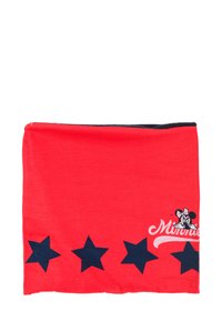 Czerwony bawełniany komin z czterema granatowymi gwiazdami i grafiką postaci Minnie Mouse z jej imieniem napisanym kursywą. Miękka tekstura.