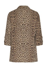 Chemise à manches longues imprimé léopard marron et noir avec col, vue de dos sur fond blanc.