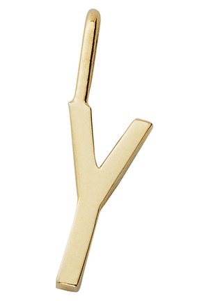 Goldener Metallanhänger in Form der Rune Algiz mit einem vertikalen Stiel und zwei schrägen Armen, die eine Y-Form auf weißem Hintergrund bilden.