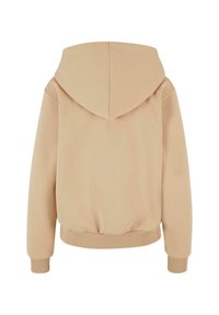 Felpa con cappuccio beige dal tessuto morbido, con polsini e orlo a coste, caratterizzata da un design semplice e senza logo o decorazioni visibili.