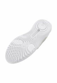 Hvid sneakersål med en struktureret overflade med diamantformede mønstre og cirkulære riller, designet til greb og fleksibilitet.