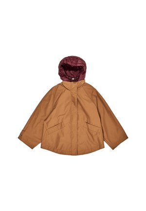 Chaqueta marrón con capucha y mangas anchas, equipada con dos bolsillos frontales con solapa, que presenta una capucha ajustable en color marrón oscuro.