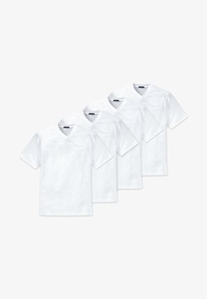 Quattro t-shirt bianche a V realizzate in morbido tessuto misto cotone. Maniche corte, texture liscia, design leggero e senza motivi o accenti visibili.