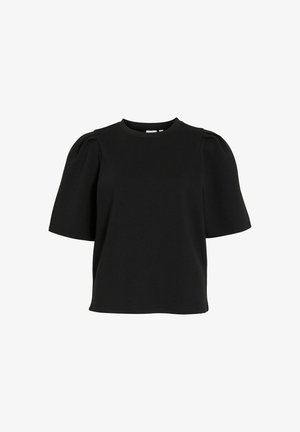 Zwarte top met korte mouwen van zachte stof. Heeft een ronde halslijn en pofmouwen. Eenvoudig design met een ontspannen pasvorm.