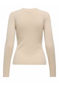 Beige, ribbad långärmad tröja med en figurnära silhuett och rundad halsringning, sedd bakifrån.