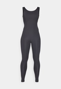 Svart en-delt bodysuit med scoop halslinje, tettsittende silhuett og glatt tekstur. Har minimale sømmer og ingen synlige festemidler.