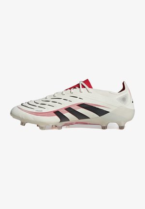White and red soccer cleat with a textured upper, black accents, streamlined design, and transparent studs for traction on grass.