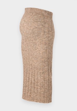 Brown ribbed skirt with an elastic waist, knee-length, featuring a smooth texture and consistent pattern, side view displayed against a white background.