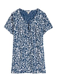 Top floreale blu navy con scollo a V, maniche corte e vestibilità comoda. Il design include fiori bianchi e foglie ondeggianti.